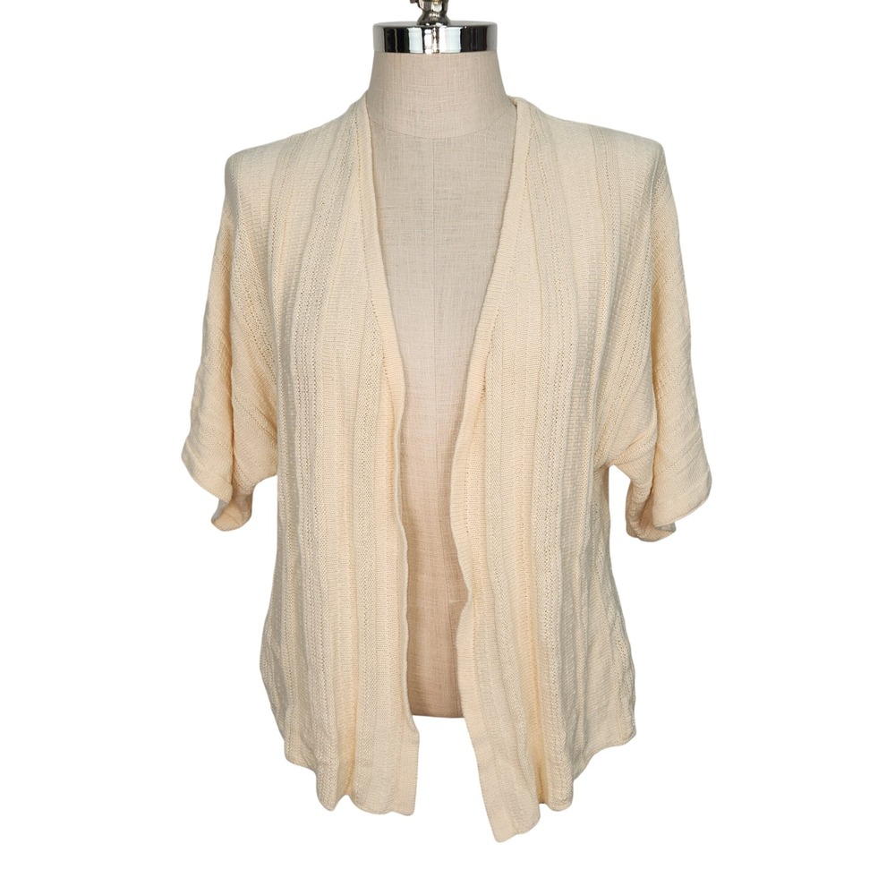 Joie Cream Linen Blend Open Front Cardigan Short Sleeve Ribbed Knit Large